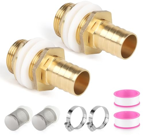 Swawis 2 stycken regnmatning tankgenomföring 3/4 tum IG 1 tum AG slangkoppling 25 mm regnanslutning med tätningar filter hylsskruv mässing tankgenomföring för regntunna