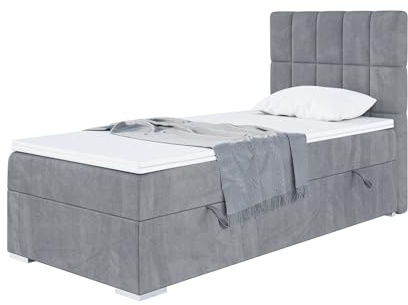 MEBLINI Boxspringbett mit Bettkasten - Gepolstert Einzelbett mit Matratze und Topper - Polsterbett mit Stauraum - Bett mit Kopfteil - Stauraumbett - Lukas - 90x200 Rechts - H3/Grau Samt