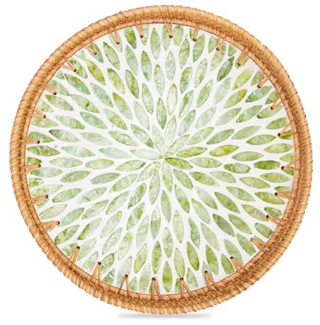 Round Rattan Tray with Mother of Pearl Inlay Coffee Table Tray Snack Serving Trays for Party Centerpiece Decorative Tray Home Decor Bread Food Fruit Storage