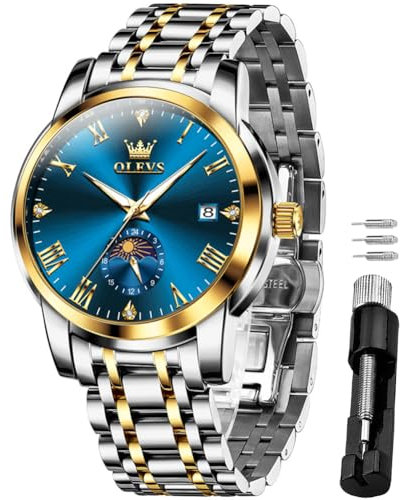 OLEVS Herrenuhren Analoge Quarzuhr Mondphasenkalender Geschäftsluxusuhr Edelstahl Wasserdicht 30M Leuchtendes Herrenarmbanduhren Geschenk