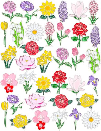 JUNEBRUSHS 36PCS Cute Flowers Enamel Pins Brooches Floral Lapel Pins for Spring Party Exchange Gift Badges Clothing Hat Decoration(18 Design)