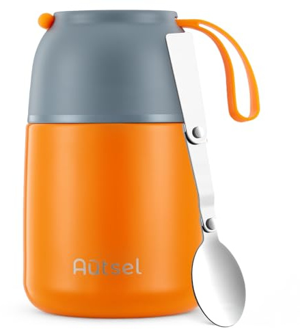 Autsel 500ml Food Flasks for Hot/Cold Food, Stainless Steel soup flask | Thermal food flask, insulated food container, lunch box, leakproof, foldable spoon, ideal for work, picnics & travel