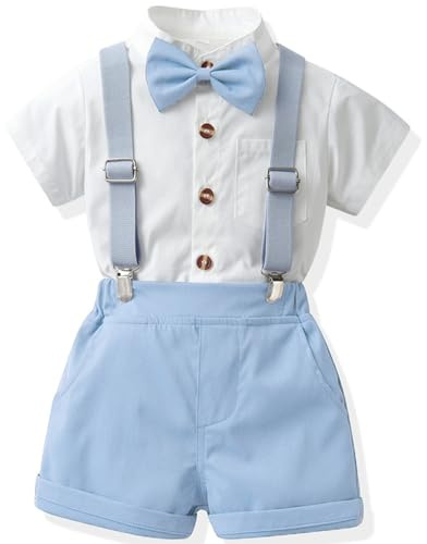 Yaopelky småbarn formell outfit barn gentleman kortärmad skjorta fluga pojke hängslen shorts bröllop kostym pojkar kläder, BLÅ, 3-4 Years