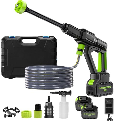 Akku Hochdruckreiniger, Max 80bar Akku-Druckreinigerpistole Mit 4000mAh Batterie,Bürstenlos Hochdruckreiniger mit 6-in-1-Düse, Mobile Reinigung und Bewässerung für Auto, Terrasse (2*Batterie)