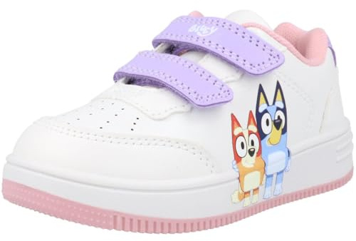 Bluey Girls Trainers White Bingo Design, Pink/Purple Accents. Available in Kids UK Sizes 6-12