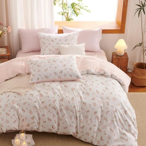 Lanqinglv Rosa Bettwäsche 135x200 Blumen Blätter,ÖKO-TEX Zertifiziert | Aesthetic Bettwäsche,Wendebettwäsche für Allergiker,Mikrofaser Bettbezug mit Reißverschluss und 1 Kissenbezug 80x80