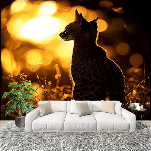 Mural Papel Pintado 3D 400x280cm Silueta De Gato, Animal De La Selva Fotomurales Tejido No Tejido Antiarrugas Póster Negro Murales Fotográfico Moderno Decoración de Paredes