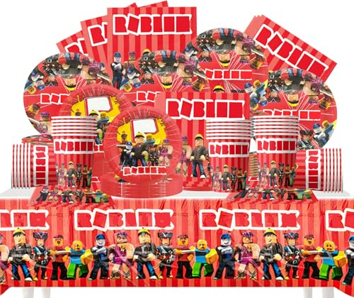FYFLYMT Set Vajilla Fiestas Roblx, 61 piezas Decoración Cumpleaños Roblx | Decoración Fiestas Temáticas y cumpleaños, Platos Cartón, Vasos, Servilletas Mantel para 10