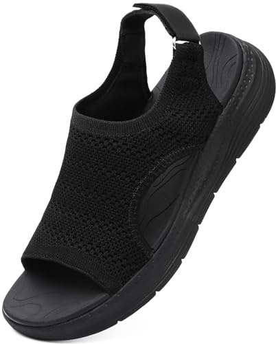 DimaiGlobal Sandalias Mujer Ortopédicas Deportivas Verano Fascitis Plantar Soporte Arco y Correa Ajustable Cuña Punta Abierta Elástica Lavables en Lavadora Caminar Casual Exterior 38EU Negro