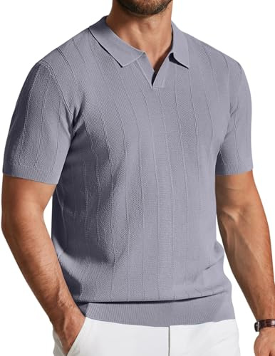 COOFANDY Polo de Manga Corta para Hombre Polo de Verano de Punto con Cuello en V Polos de Golf Gris Claro L