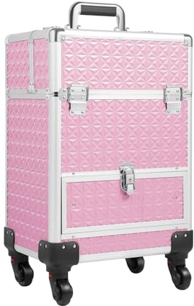KHROOLT Rolling Makeup Case, Aluminum Cosmetic Train Cases with Drawer Rolling Makeup Cart Cosmetic Organizer 3 Tier Travel Case Salon Barber Case for Makeup Tattooist Nail Tech Hairstylists