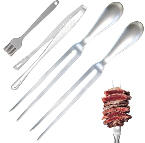 4 Stück Fleischgabel Edelstahl (27CM),Tragbar Fleischgabel mit Griff， Küchenzange Edelstahl (30CM),Grillbürste,für Grillen Tranchieren Küche Truthahn Braten Abendessen