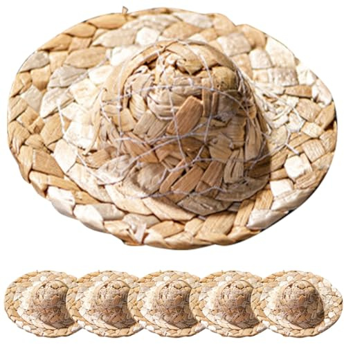 Angoily Lot de 6 Mini Chapeaux de Paille Tissés Décoratifs pour Verres à Cocktail, Accessoires Originaux pour Bar et Fête, Ornements Sûrs pour Cupcakes et Boissons Estivales