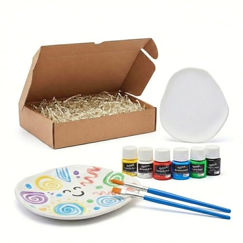 Breezio Keramik bemalen Set – mit 2 Dekotellern, 6 Keramikfarben & 2 Pinseln | Porzellan bemalen Set DIY Geschenkidee | Keramik Teller zum Bemalen für kreative Momente