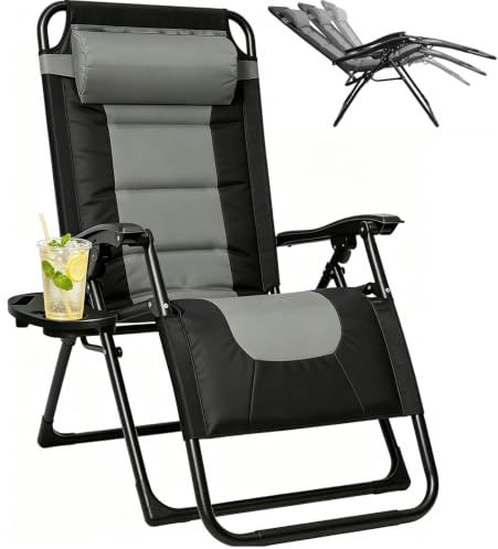SANEIOUI Gartenliege Klappbar, Sonnenliege Wetterfest, Liegestuhl Garten,mit Kopfkissen und Getränkehalter, Rückenlehne Verstellbar, Ergonomisches Design, Geeignet für Balkone, Gärten (grau)