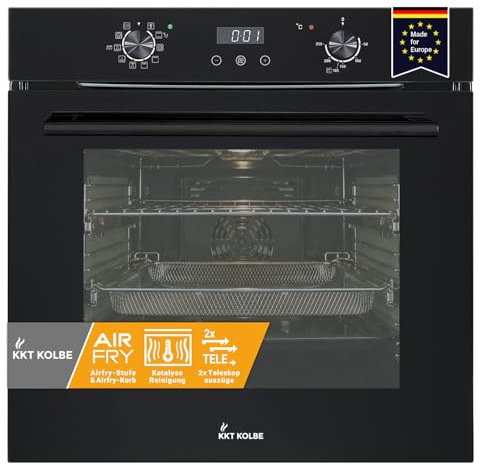 KKT KOLBE AirFryer-Einbaubackofen BO7010FB, 60 cm, 73 L, schwarz | autark, 3,25 kW, Full-Black-Design, AirFry, Katalyse, Pizzafunktion, Heißluft, Teleskopauszüge, Drehwahlregler