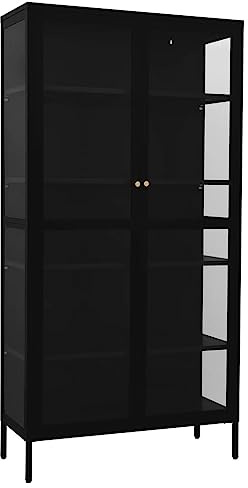 Roanoer Vitrine Schwarz 90x40x180 cm Glasschrank aus Stahl und Gehärtetem Glas - Moderner Sammlerschrank mit 4 Verstellbaren Einlegeböden für Wohnzimmer, Flur und Büro