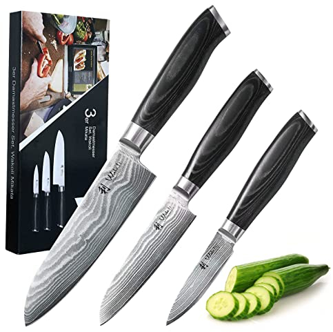 Wakoli Mikata Küchenmesser Damastmesser Set (3-teilig) Messer Set aus 67 Lagen Damaststahl - Kochmesser mit ergonomischem Griff - Scharfe Messer für Fleisch, Fisch & Gemüse - Messerset in Geschenkbox