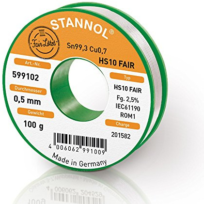 STANNOL 599102 Lötdraht Typ HS10 FAIR Legierung TC Sn99Cu1, 0,5 mm, 100 g Spule