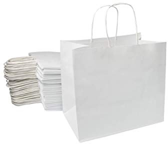 Extiff Lot de 50 Sacs Cabas Blanc en Papier Kraft avec Poignées -26 x 17 x 24 cm Sac de Courses/Emballage cadeau pour Anniversaire, Noël, Mariage...