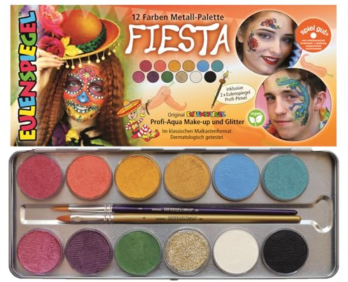 Eulenspiegel 212233 - Schminkpalette Fiesta, 12 Farben, 2 Pinsel, Schminkset vegan, Kinderschminke, Karneval [Exklusiv bei Amazon]
