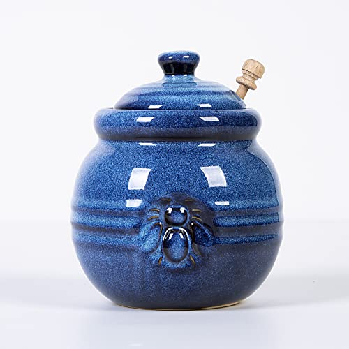 Cutiset Ceramic Honey Pot with Lid and Dipper, rustic Honey Jar (Blue)
