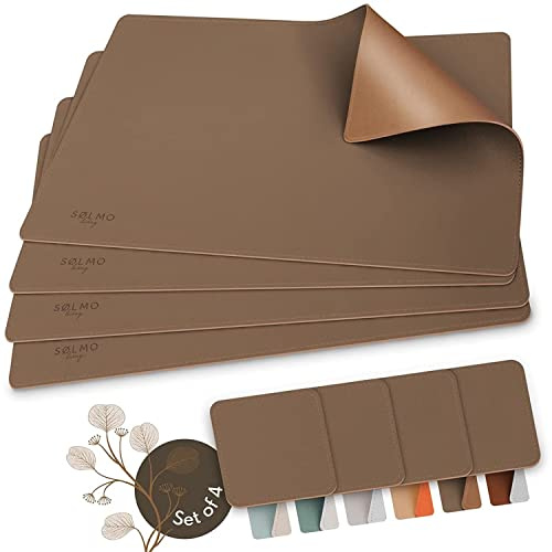 sølmo Designer Tischset aus PU-Leder, Zweifarbig I 4er Platzset, abwischbar, Hitzebeständig (Brown/Gold) (43 * 30 cm)