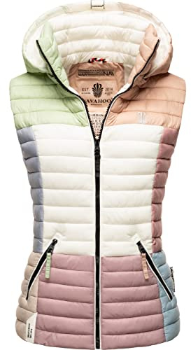 Navahoo Damen Steppweste leicht mit Abnehmbarer Kapuze Colourblocking-Stil Shadaa Multikulti Multicolour Pastel Gr. L