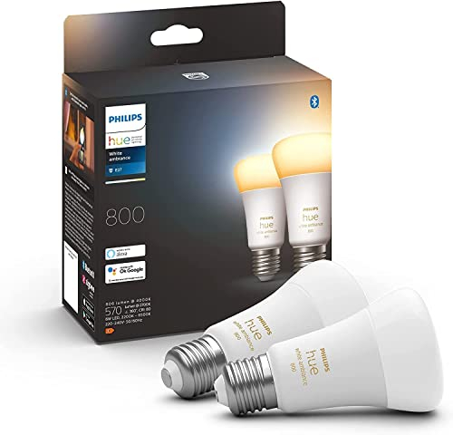 Philips Hue White Ambiance E27 Lampe, 2er Pack (800lm) dimmbar, LED Lampe mit warmweißen- bis kühlweißem Licht, steuerbar via App, kompatibel mit Amazon Alexa (Echo, Echo Dot), 2er Pack