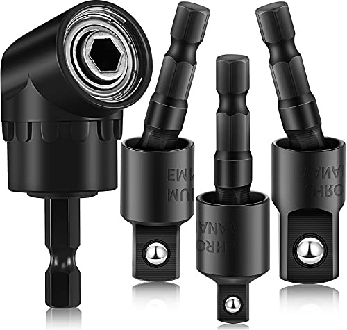 4 Pcs Impact Socket Adapter Set 90 Degree right angle Drill Attachment 360° Rotatable 1/4 3/8 1/2 Impact Grade Socket Adapter for Cordless & Screwdriver Power Drill & Driver(Black)