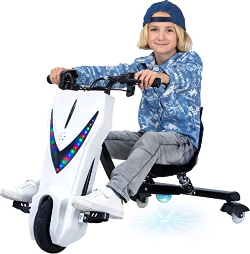 Actionbikes Motors Kinder Elektro Driftscooter (Weiß Matt) | 𝟐𝟓𝟎 Watt | Drift Cart 360°| 3 Geschwindigkeiten | LED-Beleuchtung | Sitz verstellbar | Bluetooth | Drift Kart | Drift Auto