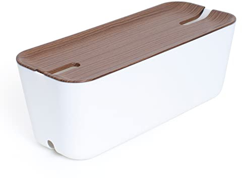 Bosign Kabelbox XL. Kabelmanagement und Ladestation. Box zum Kabel verstecken bei Kabelsalat. Flammhemmenden Kunststoff. Award-Winning Design. Weiß/Dunkelbraun Holzoptik. (45 x 18 x 17 cm)