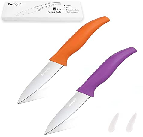 Eocogup Paring Knife,3.7 inch Fruit and Vegetable Knife,Stainless Steel Dishwasher Safe Rust Proof Super Sharp,Comfortable Bigger Handle,PP Plastic Colors Handle(Set of 2)
