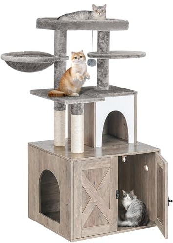 Snughome Cat Litter Box Enclosure with Tree Tower and Condo, Hidden Washroom Furniture with Sisal Scratching Post and Soft Plush Perch, Wooden Cat Furniture with Multiple Platforms, Grey