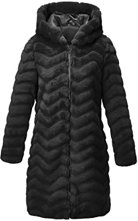RISISSIDA Langer Damenmantel aus Kunstfell, flauschig, mit Kapuze, Winter, Herbst, warm, L
