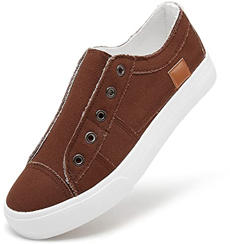 Women's Slip on Shoes Non Slip Fashion Canvas Sneakers Low Top Casual Shoes(Brown,US7.5)