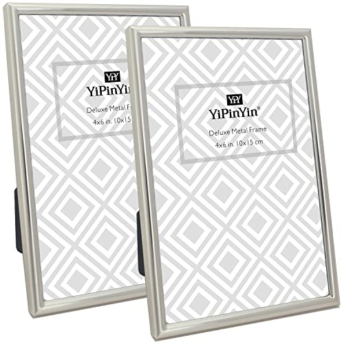 YiPinYin 4x6'' Simply Silver Metal Picture Frames 2-Pack,Elegant Silver-Plated Photo Frames with Real Glass and Velvet Backing,for Tabletop and Wall Hanging.