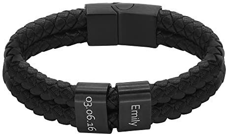 Heideman Herren Lederarmband Elian 2 Gravurplättchen schwarz | Elian Herren-Lederarmband, geflochtenes Leder, schwarze Gravurplättchen, personalisierbar, Magnetverschluss, für Männer