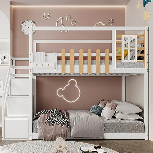 kubeier Etagenbett mit Treppe, Fenster und Regalkasten, Rahmen aus massivem Kiefernholz, Kinderbett mit 3 Schließfächer in der Treppe, mit Fallschutzgitter, Weiß, 90x200cm