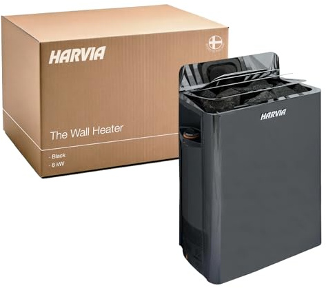 Harvia The Wall Electric Sauna Heater, Powerful 240V Sauna Stove for Medium Sized Rooms, Illuminated Operating Panel, Electric Heater for Dry Sauna Room, Includes Stones (8kW - Black)