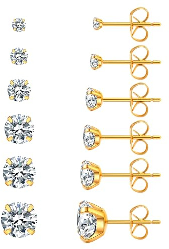 6 Pairs Stud Earrings Hypoallergenic Cubic Zirconia 316L Earrings Stainless Steel CZ Earrings Set 3-8mm (gold)