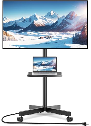 Rfiver Mobile TV Cart with Power Outlet, Rolling TV Stand for 23-65 Inch LCD LED OLED Flat Panel Curved Screen TVs up to 88 lbs, Height Adjustable Portable TV Stand with Wheels, Max VESA 400x400mm