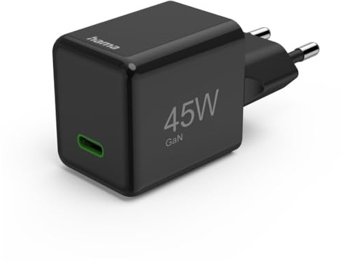 Hama Schnellladegerät 45 W, Super-Mini-Format 3,0 x 3,60 x 3,80 cm | Ladegerät mit USB-C unterstützt Power Delivery und Qualcomm Quick Charge in schwarz, GaN Charger, ideal für iPhone