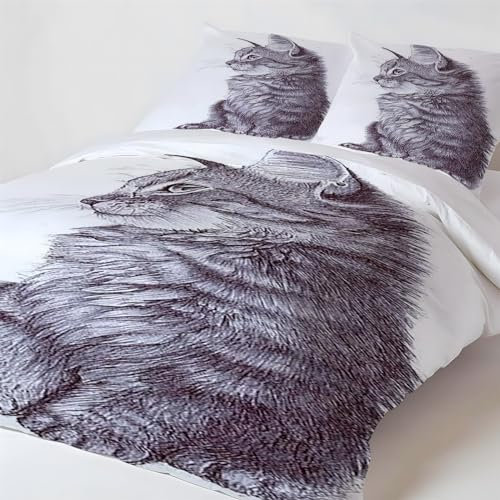 Bettwäsche 135x200 Handgezeichnete Katze Muster Weich Bequem Atmungsaktiv Hypoallergen 3D Sommerbettwäsche Bettwäsche Set + 1 Kissenbezug 80x80 cm,Geeignet für Jungen Mädchen Kinder