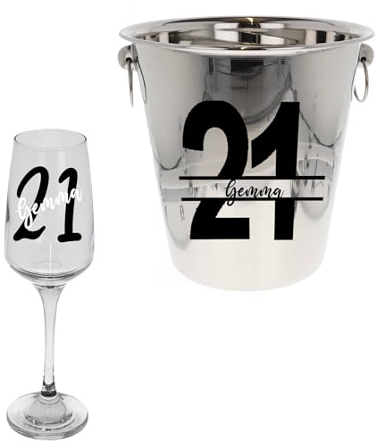 Personalised 21st Birthday Ice Bucket with Matching Champagne Glass 21st Birthday Party Gift Personalised Prosecco Glass & Ice Bucket (Silver Ice Bucket & Glass Set)