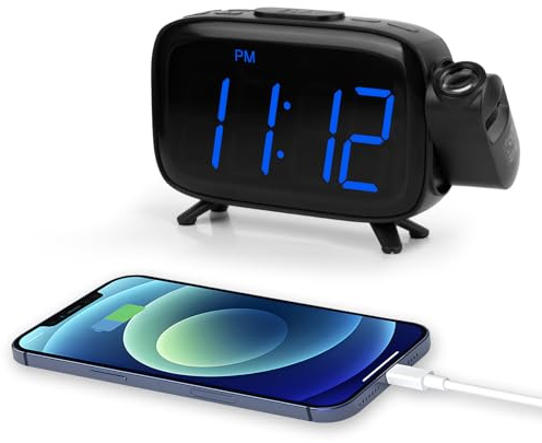 Digital Projection Alarm Clocks for Bedrooms - Large LED Display, 180° Rotatable Projector, 2-Level Dimmer,USB Charger,Battery Backup,Loud Dual Alarms for Kids Elderly,Heavy Sleepers,Snooze,12/24H,DST
