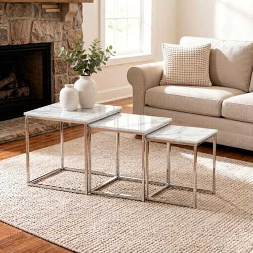 Homullel Quadratische Beistelltische 3er Set, Satztische fürs Wohnzimmer Couchtisch Wohnzimmertisch Set, Hochglanz Optik, Verchromtes Metallgestell, Stapelbar (Marmor Weiß)