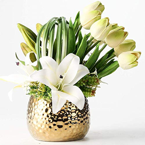 QXGJTLI Kunstblumen-Set, künstliche weiße Lilienrose mit Goldener Vase, Kunstblume mit Topf, Kunstbonsai für Wohnzimmer, Schlafzimmer, Dekoration, schöne Kunstblumen und Vasen (Farbe: A) (A)