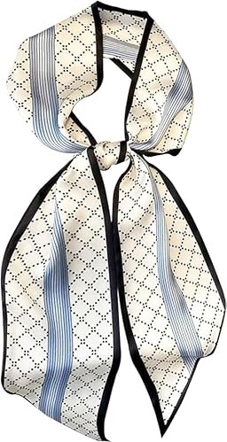 FonVan Seidenschal Seide Haarschal für Damen, Halstücher, Bandana, Satin Schal Kopftuch, Halstücher für Handtaschen, Handtaschen-Zubehör, Seidentücher Scarf (White & Blue Grid)
