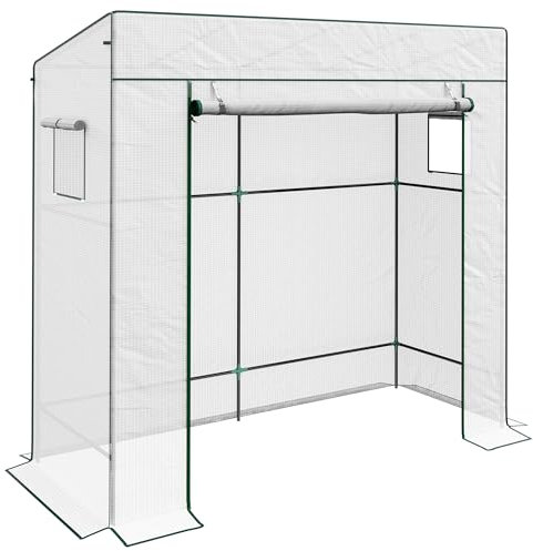 Outsunny Serra a parete con 1 porta avvolgibile, telo PE rinforzato, 2 finestre, dim. 196L x 77L x 197/178H cm bianco